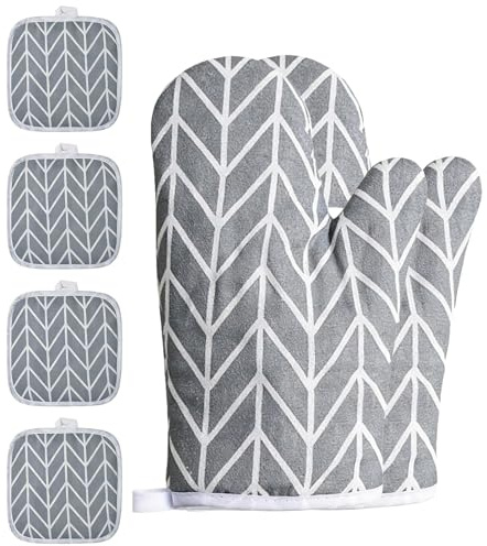 6 Pcs Oven Gloves Heat Resistant and Pot Holders Set, Oven Mitts | Pot Holders Heat Resistant Pair Non-Slip Gray Kitchen Gloves, Heatproof Grey Glove Used for Baking Cooking and Grilling