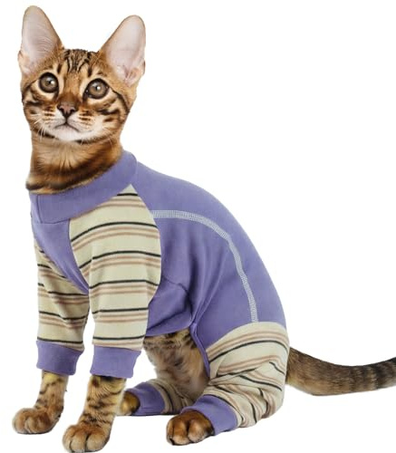 Katttröja, pyjamasoutfit, kattrock för katter, endast återhämtningsdräkt med ben, kroppsdräkt för att sluta slicka (lila, S)