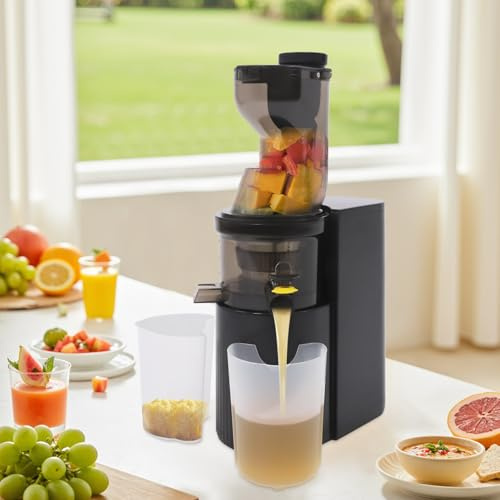 Slow Juicer juicepress 800 W 48 varv/min, 500 ml med sapplikatorbehållare (svart) | Juicepress grönsaker och frukt, bakåtfunktion, separat juice och pressutlopp, avtagbara delar, rengöringsborste, juicekoppar