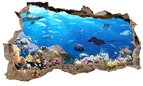 3D Wandtattoo Mauerloch Wandsticker Wandaufkleber Durchbruch Tiere selbstklebend H 60 x B 100 Schlafzimmer Wohnzimmer (WL42 Fische)