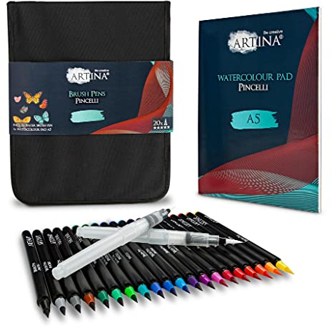 Artina 20-tlg Pinselstifte Set Pincelli – 4mm Spitze – Brush Pen Set mit Nylon Spitze Wasservermalbare Aquarellstifte Kalligraphie Stifte mit 2x Wassertankpinsel, 1x A5 Aquarellblock, 1x Tasche