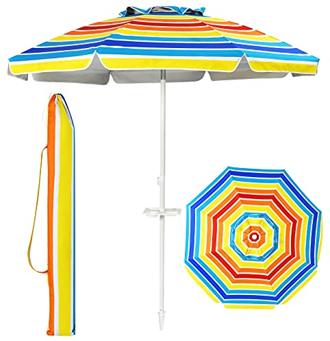 GOPLUS Parasol Plage 2,2M, Parasol de Jardin Patio Terrasse Inclinable avec Porte-gobelet, Protection Solaire et Auvent Démontable, Sac de Transport, H.173CM (Muiticolore)
