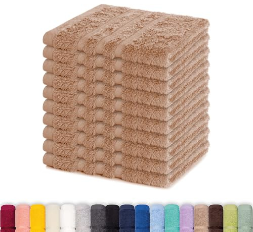Lavea® Juego de 10 Toallas de Lavabo 30x30 cm de Rizo 100% Algodón - Suaves y Absorbentes – Toallas para lavarse la Cara – Ideales para Casa, Hotel y SPA – Capuchino
