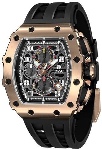 TSAR BOMBA Herren Uhr Tonneau Uhren Herren Chronograph Herren Tonneau Luxus Armbanduhr Herren Cool Sport Männer Uhren Japanisches Quarzwerk 50m Wasserdichter Daydate Saphirglas Geschenk für Männer