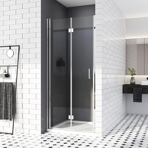 Duschtür 75x195cm, Klappbar Nischentür 180º Duschwand Verstellbereich von 75-77 cm, Falttür mit langem Griff aus 5mm Nano-Beschichtung ESG Sicherheitsglas