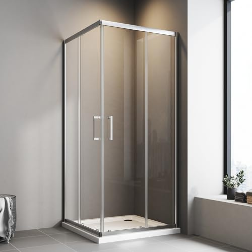 Duschkabine Eckeinstieg 75 x 90 cm mit Doppel Schiebetüren 6mm ESG Glas Dusche Duschabtrennung Duschwand Höhe 185cm ohne Duschtasse