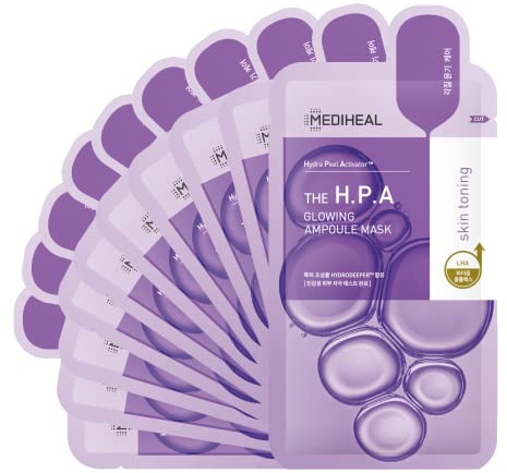 Mediheal Official Best No.1 Korean Sheet Mask - HPA Ampoule Face Mask 10 Sheets for Smoothing, and Instant Glow with LHA & PHA