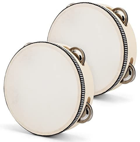 KOHAND 2 PCS 6 Inch Wood Tambourine with 4 Pairs Jingles Hand Held Drum Bell Percussion Round Tambourine Musical Instrument for Party, Band, Celebration