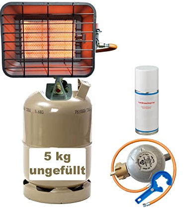 Heiz-Strahler Gasheizstrahler ohne Strom inkl. Schlauch & Regler aus Alu-Druckguss für Gasflasche 5kg, 11kg mit Piezo, Zündsicherung, Lecksuchspray, Gasregler-Schlüssel (mit 5kg Gasflasche leer)