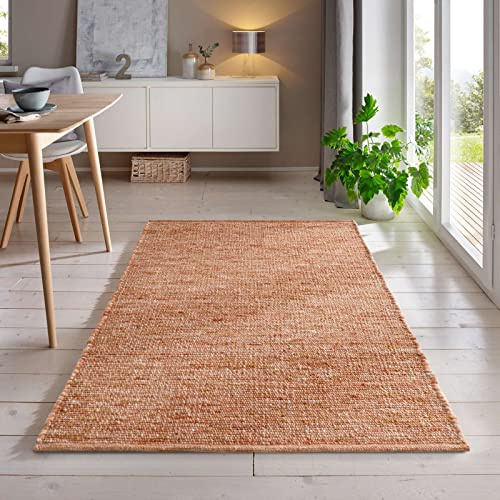 Handweb-Teppich aus Schurwolle in Skandinavischem Landhaus Design in vielen aktuellen Farben für Wohnzimmer, Esszimmer, Schlafzimmer, Flur, auch als Läufer beidseitig verwendbar terracotta 140x200 cm