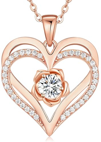 CDE Collier Femme Cadeau,Bijoux Femme Pendentif Coeur Argent 925 Plaqué Or Rose,Charme orné de Zircone Cubique Idee pour Fête des Mères Anniversaire Saint Valentin pour Elle Maman Copine Amour Mamie