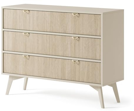 Forest Wohnzimmeranrichte mit 3 Schubladen, 106 cm, Wohnzimmerkommode, Beistelltisch, Kommode mit Beinen, Sideboard mit Füßen, Eukalyptus Beige (Beige)