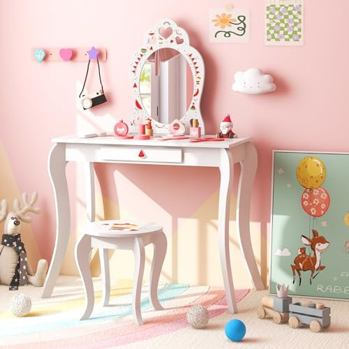 RELAX4LIFE Toeletta Trucco per Bambina, Specchiera Trucco con Sgabello, Toeletta in Legno, Specchio Rimovibile, per Bambini 3 4 5 6 Anni (Anguria)
