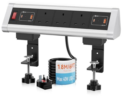 Desk Power Sockets USB C PD 20W, Ohuo Desktop Power Strip Extension Lead 3 Way with 2 USB A and 2 USB C Ports, 1.8m Cord