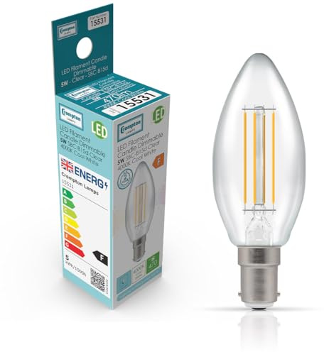 Crompton Lamps Filament Candle LED Light Bulb SBC-B15d | 5W = 40W Equivalent | Cool White 4000K | Energy Efficient | Small Bayonet Lightbulb | Long Life 15000-Hrs | Clear Glass | Dimmable