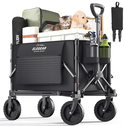 Elegear Carrello Spiaggia Pieghevole 150L Carico 150KG, Carrello con 4 Ruote Portatutto Tutti i Terreni con Freno, Carrello Campeggio da Trasporto Trolley Mare Carrellino da Giardino Supermercato