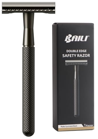 BAILI Double Edge Safety Razor Reusable Manual Long Handle Stainless Steel DE Wet Shaving for Men Women Beard Bikini Armpit Leg Hair Removal Matte Black BDB3G