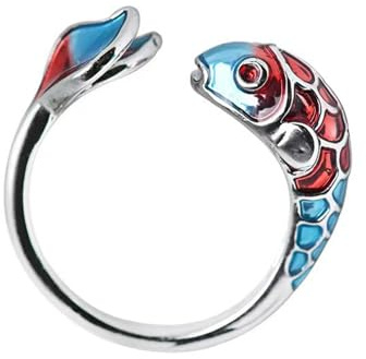 Wendalern Niedlicher Fischring Kleiner Glückskoi Emaille-Ring Verstellbarer Offener Wickel-Fischring Schöner Fisch-Zeigefinger-Ring Meeresschmuck Für Frauen Und Mädchen