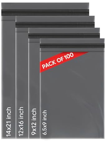 100 blandade grå paketpåsar, portopåsar, brevpåsar, 4 storlekar 25 varje poly-postpåse självförseglande små till stora postpåsar förpackning blandade postpaket paket