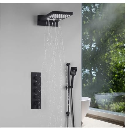SWHC Duschsystem mit Thermostat, Schwarz Unterputz Duscharmatur Set Multifunktional Dusche Regendusche Set Messing Duschgarnitur Komplettset mit 3 Modi Regendusche, 3 Modi Handbrause, Duschstange