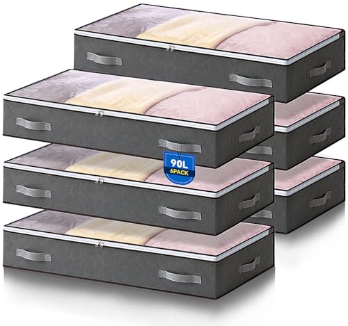 Boic 6 Stück 90L Unterbettkommode, Unterbett Aufbewahrungsbox mit deckel, Faltbare Kleidung Aufbewahrung Aufbewahrungstasche für Bettdecken Kleidung Unterbett Kleiderschrank, Grau