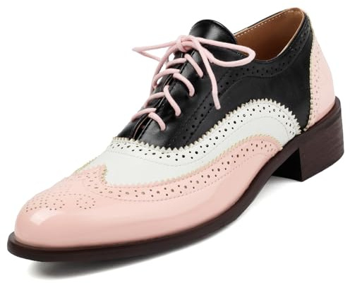 Women's Patent Leather Perforated Lace-up Oxfords Multicolor Colorful Brogues Wingtip Derby Shoe Ladies Plus Size Vintage Dress Oxfords-15 Yards (Pink,12,Women,12)