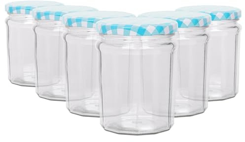 6X 380ml Marmeladengläser aus Glas mit Blauen Gingham-Deckeln - Leer Schraubverschluss Küche Essen Honig Würzen Konservieren Einmachen Lagerung Gefäß-Set - Von Argon Tischware