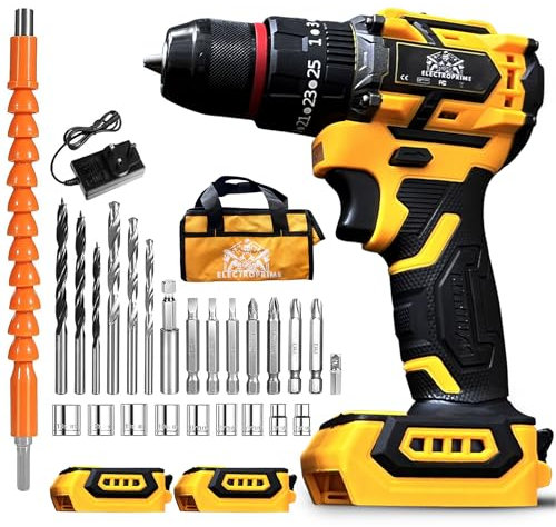ElectroPrime© Akkuschrauber Set 21V | Akku Bohrschrauber mit 2x 2500mAh Batterien | 65Nm Max Mandrin aus Stahl | 25+3 Einstellungen | 2 Geschwindigkeiten | 25 Zubehör | LED-Licht