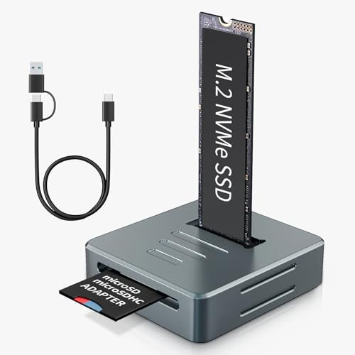 SSS·GRGB Aluminum M.2 NVMe SSD Enclosure Docking Station & SD Reader Adapter, M.2 to USB Adapter 10Gbps, Fast Heat Dissipation, Support NVME M-Key/(B+M) Key SSDs Dock, Gray