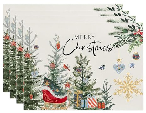 4er Set Platzset Weihnachten Tischset Weihnachten Leinen Platzdeckchen 30x45cm Winter Tischsets mit Kiefern Elch Schneeflocken Weihnachtsdeko (22)