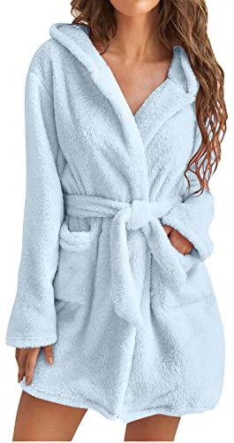 unilarinna Bademantel Damen Kurz mit Kapuze Oversized Morgenmantel Leicht Frottee Saunamantel Flauschig Loungewear Fleece Hausmantel Kimono Bathrobe Winter Baumwolle Frottier-Bademantel