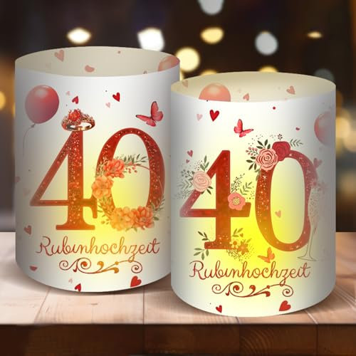 Moorle 12 Windlicht Tischdeko RubinHochzeit, Rubin Hochzeit Tischdekoration, 40 Jahre RubinHochzeit Geschenkideen, 40. Hochzeitstag Tisch Deko zur Rubinhochzeit für Teelichter oder Kerzen