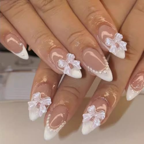 Goiern 24 pièces Bow Press on Nails faux ongles acrylique en forme d'amande avec design perlé pointe française blanche à coller ongles press-on réutilisables longueur moyenne
