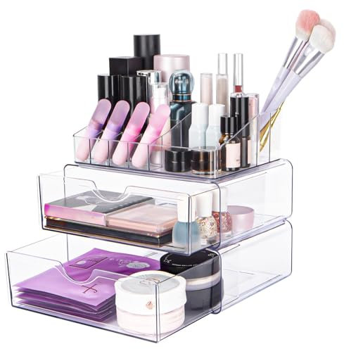 Creahaus Makeup Organiser Storage Drawers，Acrylic Skincare Organiser Transparent with Non-slip Matfor Lipsticks Jewelry Nail Care Cosmetic Organiser for Desk Organizer for Dresser Bedroom Bathroom
