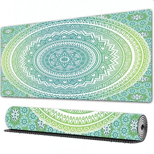 FEHWI 90×40 cm Verlängertes großes Mauspad Schreibtischauflage,Blaugrün und Limettengrün, ethnisches Mandala-Muster mit Blütenblättern und,genähte Kanten Gaming mauspads,rutschfeste Gummibasis