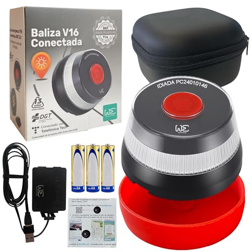 Kit de seguridad con Baliza de Emergencia V16 Geolocalizada y Conectada DGT 3.0 - Incluye Adaptador, Cable de alimentación y Funda antigolpes