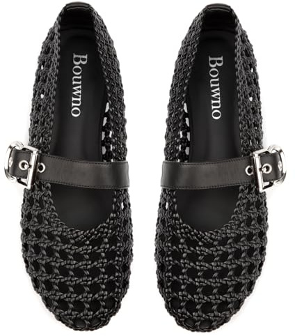 Bouwno Black Woven Ballet Flats Mesh Mary Jane Flats for Women Dressy Comfortable Ballerina Flat Round Toe Buckle Strap Mesh Shoes Casual Mary Janes