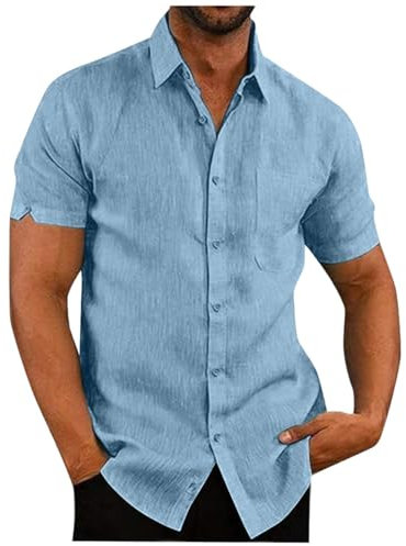 Formal Shirts for Men Short Sleeve Shirt Summer Casual Linen Lapel Blouses Solid Button Down Fashion Holiday Clothes 01-Light Blue L