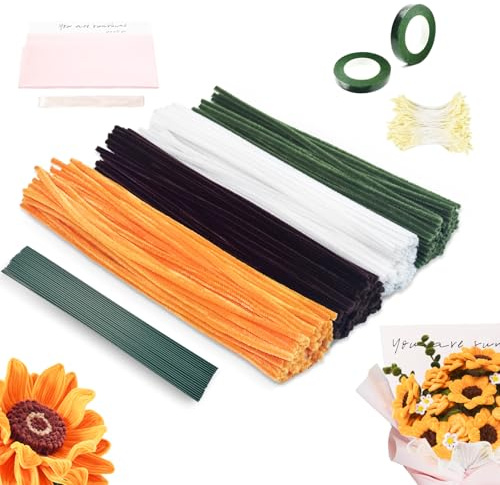 Sonnenblumen Pfeifenreiniger Blumen Set, 425 Stück Pfeifenputzer Zum Basteln 4 Farben Pipe Cleaner mit 25 Stück Grünem Bastelfaden, Staubgefäße, Geschenkband, Klebeband, DIY Weihnachts Geschenk