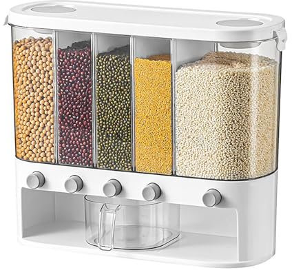 NLLATEI Multifunktionaler Müslispender, Wandmontierter Müslispender Mit 5 Fächern Für Getreide, Reis Und Bohnen, Tisch-Aufbewahrungsbehälter Für Trockene Lebensmittel Mit Messbecher(White)