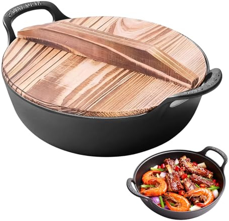 Wok in ghisa antiaderente con coperchio in legno, nuovo wok cinese fatto a mano in ghisa, wok in ghisa, senza rivestimento, perfetto per cucinare in modo efficiente e facile manutenzione, 20 cm