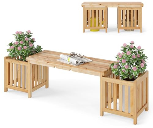 COSTWAY 2-in-1 Wooden Planter & Bench, Raised Garden Bed Bench Combination with 2 Side Planter Boxes & Slatted Seat, Outdoor Seat Flower Pot Container for Patio Backyard Balcony