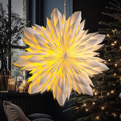 EANLOLY Weihnachtsstern Beleuchtet, Papiersterne Weihnachten, 3D Stern Fenster, Weihnachtsdeko Innen Zum Aufhängen mit Beleuchtung, Weiß 60 cm