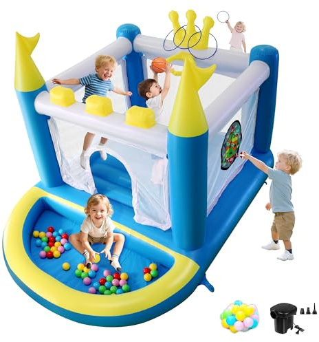 Ytonisld Mini Inflatable Bounce House with Ball Pit, 5 in 1 PVC Kids Bouncy Castle with Electric Air Pump, Small Crown Jump House for Kids Ages 3-8, Toddlers Playhouse Bouncer, Indoor/Outdoor