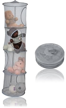 Biliant 1 Stück Hängeorganizer,Kuscheltier Aufbewahrung,4 Stufe Hängeaufbewahrung Netz Hängeregal,Hängender Speicherkorb für Kleine Kleidung(Grau)