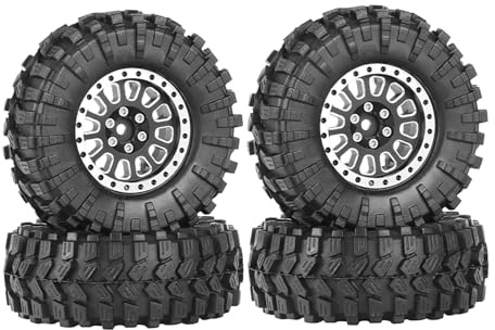KINGCOO 4PCS 1.33 Aluminum Alloy Beadlock Wheel Rims All-Terrain Tyre 70mm Rubber Tires Set with 5mm & 7mm Hex for 1/12 1/14 1/18 1/24 RC Rock Crawler Car Upgrade Parts (D-Black)