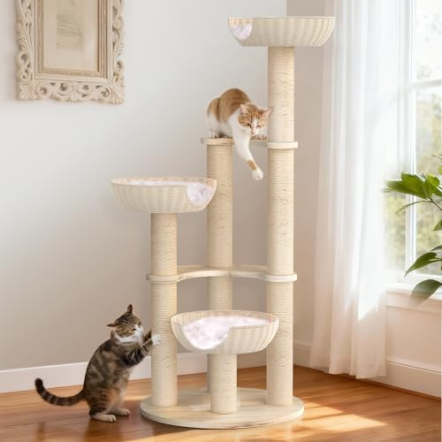 Tinnmao 134.6 cm Massivholz Katzenbaum Modern Holz Katzenturm mit Natursisal Kratzstämmen 3 Gewebte Körbe Waschbar Plüsch Pads Mehrstufige Katzenmöbel für Indoor Katzen