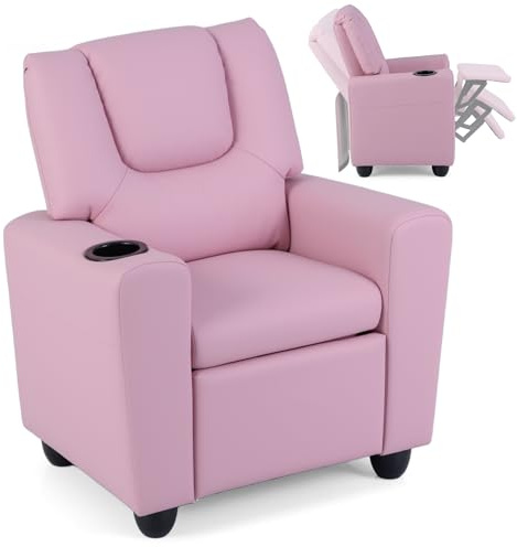 COSTWAY Barnstol med relaxfunktion, barnsoffa med armstöd, justerbart ryggstöd och fotstöd, barnsoffa vadderad med mugghållare, relaxfåtölj för barn från 3 år (rosa)