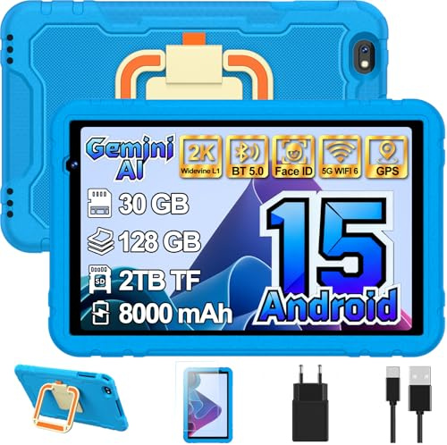 Tablet niños 10 Pulgadas Android 15 con Gemini AI 30 + 128GB (TF 2TB), Octa-Core, GPS, 5G WiFi, Widevine L1, 8000mAh, Control Parental, Protective Antichoque Eva + Soporte giratorio de 360° - Azul