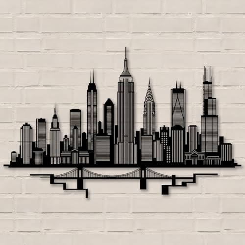 HDMOZUYT Decorazione murale in Metallo con Skyline di New York, Silhouette iconica del Paesaggio Urbano di New York, Scultura Urbana Moderna da Appendere per Soggiorno, Camera da Letto, Ufficio, rega